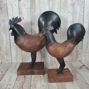 Primitive Metal Wood Rooster Chicken Statue Figurines Farmhouse Kitchen Decor